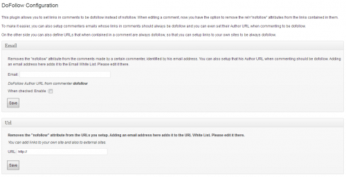Pantalla principal del plugin donde se pueden añadir emails y Urls a las listas blancas