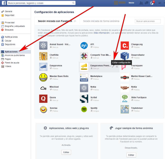 Facebook - Navegador web - Modificar Configuración 01